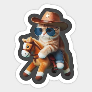 A cat wearing sunglasses and a cowboy hat riding a toy horse Sticker